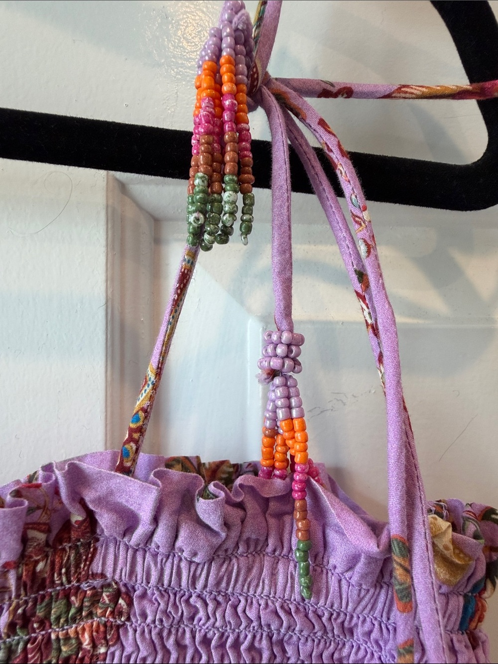 FARM Rio Lavender Floral Smocked Mini Dress Beaded Tie Straps Ruffle Boho purple - Picture 4 of 8